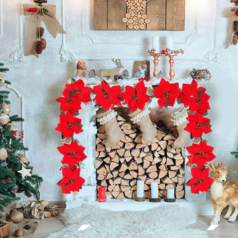 Cyuan Weihnachtsstern Lichterkette mit roten Stoffblumen in Warmweiß für Indoor und Outdoor Dekoration - Bild 3