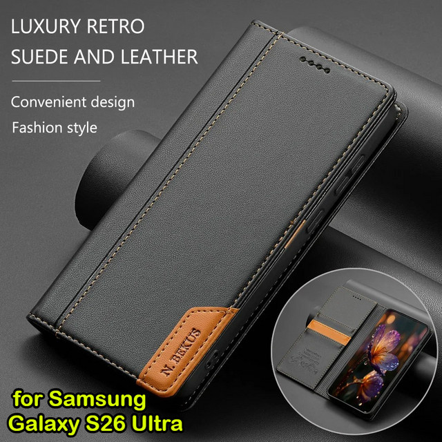Luxuriöse Leder-Klapphülle mit Ständer und Kartenfach für Samsung Galaxy S26 S25 S24 S23 S22 S21 S20 Edge Ultra FE Plus in Schwarz oder Rot - Bild 1