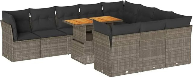 vidaXL 11-teilige Garten-Sofagarnitur in U-Form aus Polyrattan und Akazienholz in Grau mit Sitzkissen und Stauraum - Bild 1
