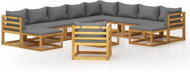 vidaXL 12-tlg. Garten-Lounge-Set in U-Form aus massivem Akazienholz mit grauen Polstern - Bild 1
