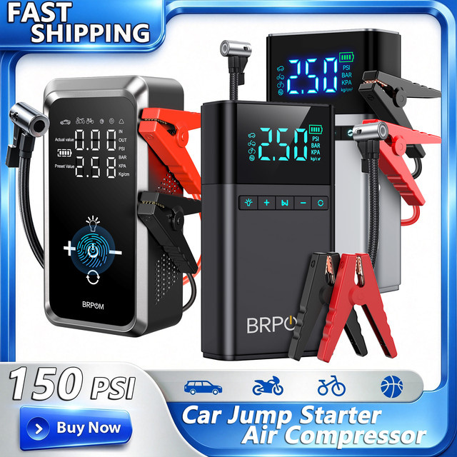 BRPOM 12V Auto-Starthilfe mit Luftkompressor und 1500A Spitzenleistung, Tragbarer Batterie-Booster und Reifenfüller mit 150PSI, Farbe: Schwarz - Bild 1