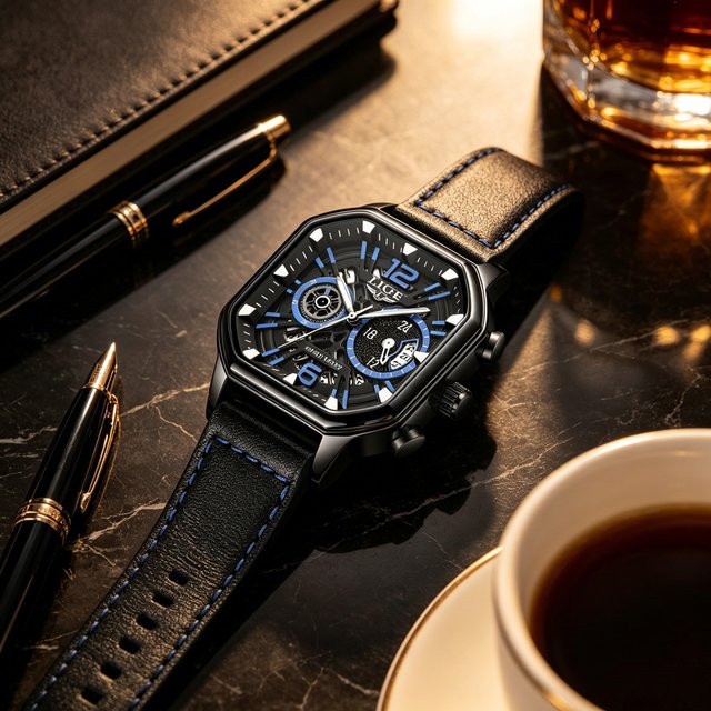LIGE Chronograph Armbanduhr, Quarz, Leder, Black blue, Herren - Bild 1