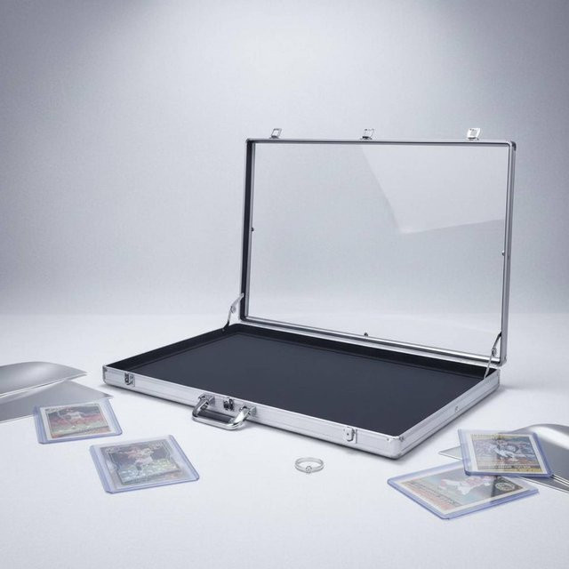 Tragbare Kartenpräsentationsbox aus Aluminium in Silber mit transparentem Acryl-Display und Schloss zur Schmuckaufbewahrung - Bild 1