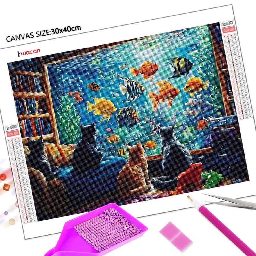 Huacan Diamond Painting Set Katze und Fisch in Multicolor, Wandbild mit Strasssteinen, B/H: 30,0 x 20,0 cm - Bild 2