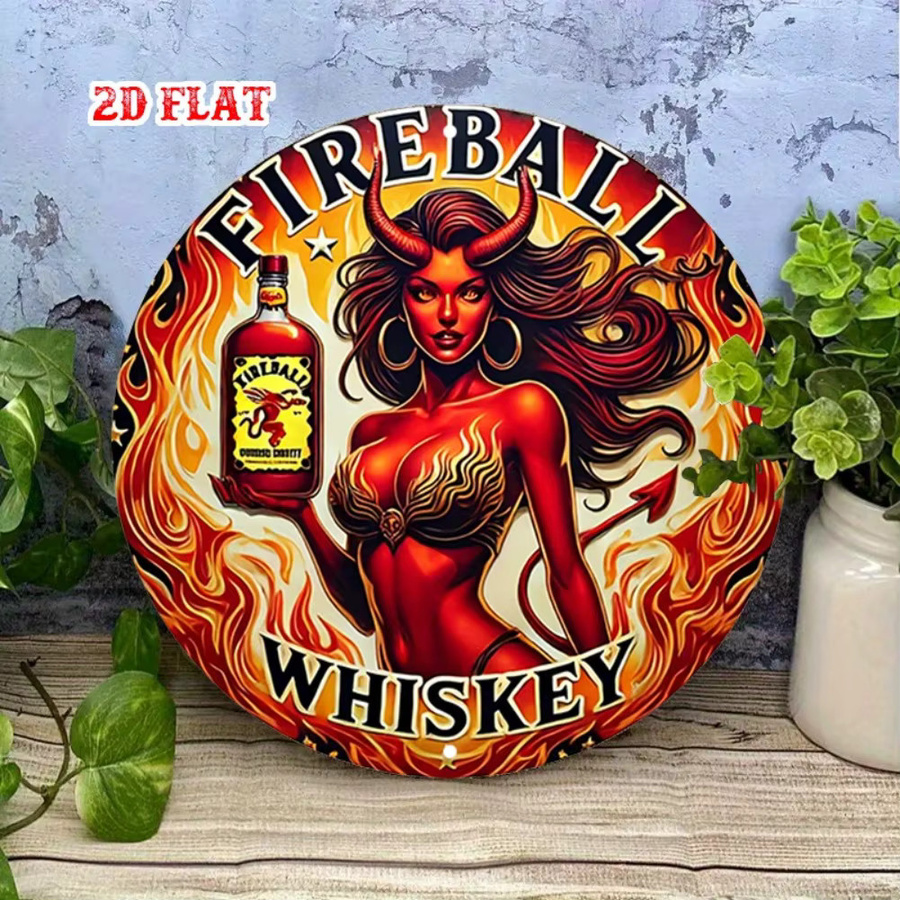 CIFBUY Vintage Pin-Up Art Metallschild mit rothaariger Teufelsfrau und Whisky-Flasche, rund, Mehrfarbig, Durchmesser: 20 cm - Bild 3