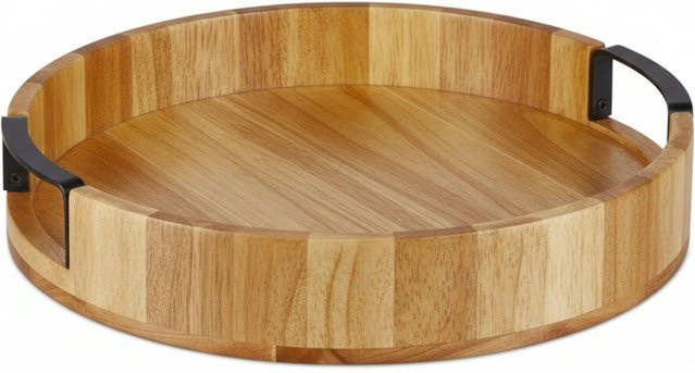 Relaxdays Tablett Rund aus Mangoholz und Eisen in Natur und Schwarz mit Griffen, Durchmesser: 35 cm, Höhe: 7,5 cm - Bild 1