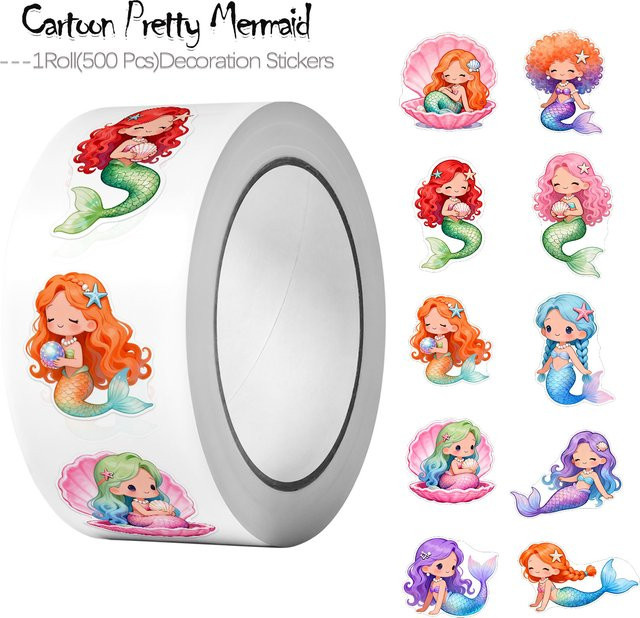 500 bunte Meerjungfrauen Aufkleber mit Cartoon-Motiven für Deko und Geschenkverpackungen, 1 Rolle, Mehrfarbig - Bild 1