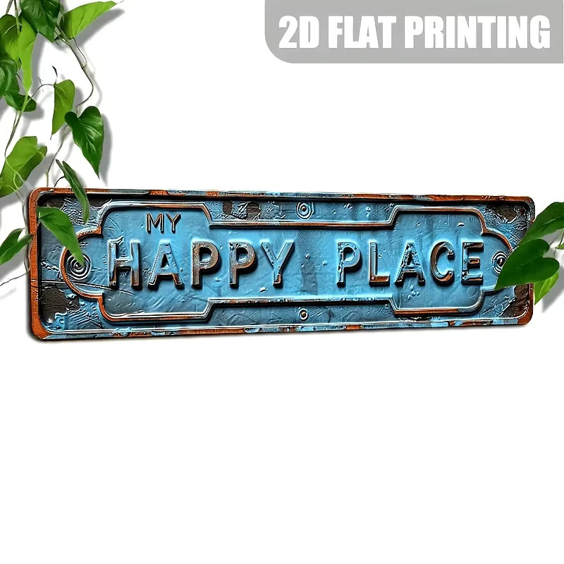 Vintage-Wandschild My Happy Place von HELLOYOUNG aus Aluminium in Blaugrün mit weißem Schriftzug, rechteckige Metall-Wanddekoration - Bild 2