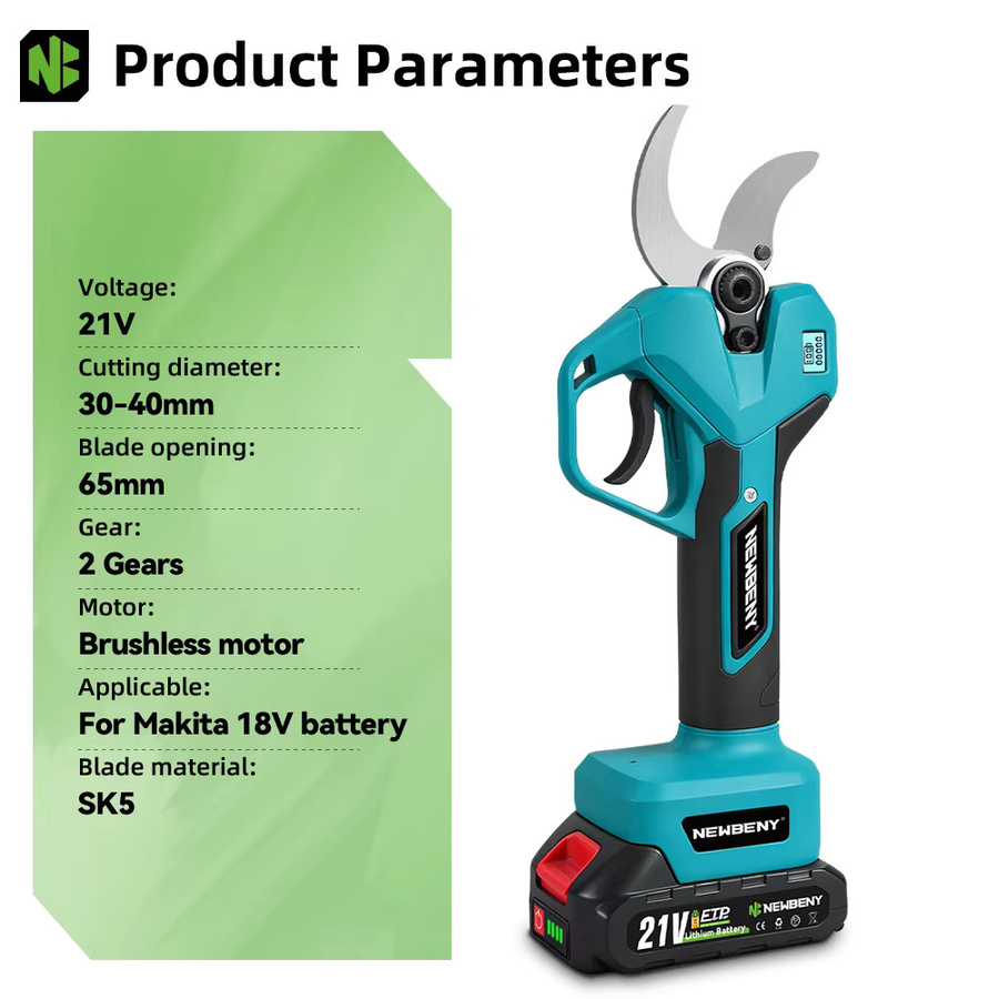 NEWBENY Bürstenlose elektrische Astschere mit 65mm Klinge, kabellose Gartenschere in Türkis für Makita LXT Akkus - Bild 2
