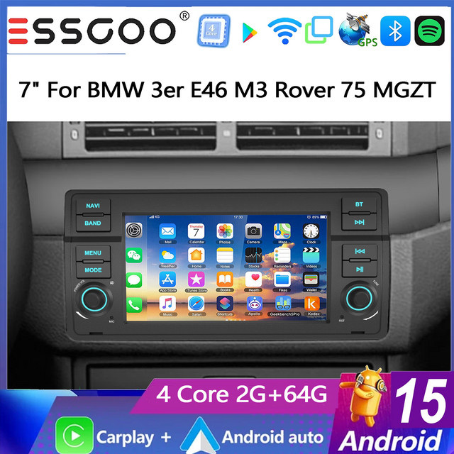 ESSGOO Android 15 Autoradio mit 7 Zoll IPS Touchscreen, 2+64G, kabelloses Carplay, Android Auto, GPS, Bluetooth, Wifi und Mirror Link für BMW 3er E46 M3, Rover 75 und MGZT, Schwarz - Bild 1