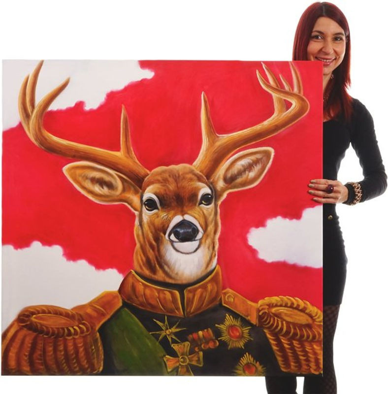 Handgemaltes Ölgemälde Hirsch von MCW, mehrfarbiges Wandbild XL, quadratisch, Breite: 100 cm, Höhe: 100 cm - Bild 1
