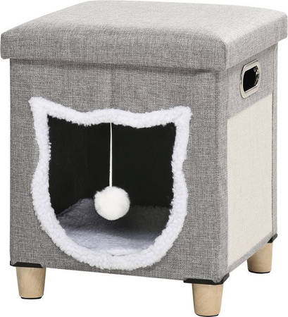 PawHut Katzenhöhle Ottomane in Grau mit Kissen, Spielball und Kratzmatte aus Polyester