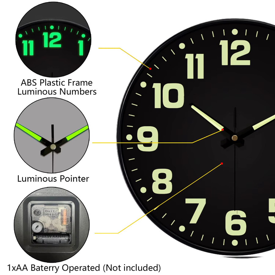Leuchtende Wanduhr mit Digitalanzeige von p.chuang in Schwarz, 8 Zoll, geräuschloses Quarzwerk für Schlafzimmer und Wohnzimmer - Bild 2