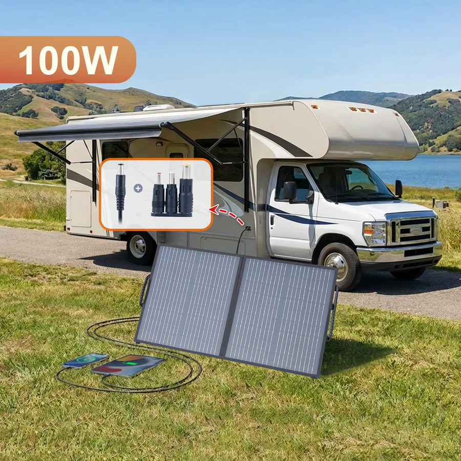 Leaorld 100W Solarpanel-Ladegerät in Schwarz mit Ständern und Klemmen für 12V Batterien und Powerstationen - Bild 2