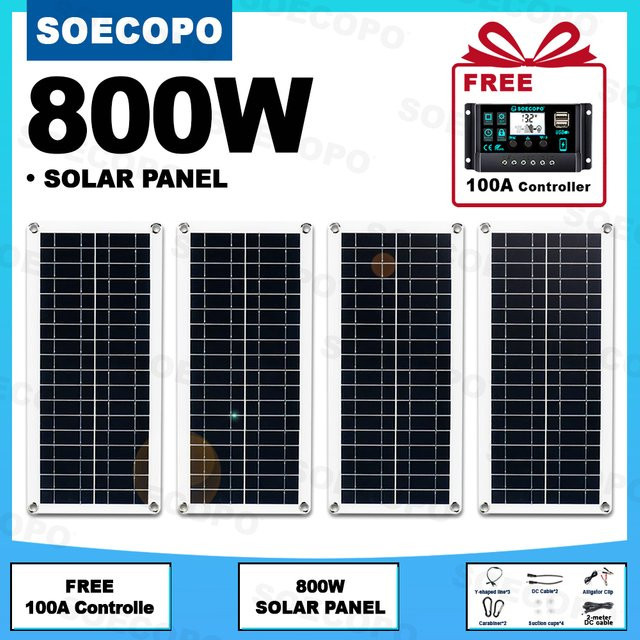 SOECOPO 800W Solarpanel-Set mit 4 Photovoltaik-Zellen und 100A Controller, tragbares 12V Batterieladegerät für Auto, Wohnmobil und Boot, Schwarz - Bild 1