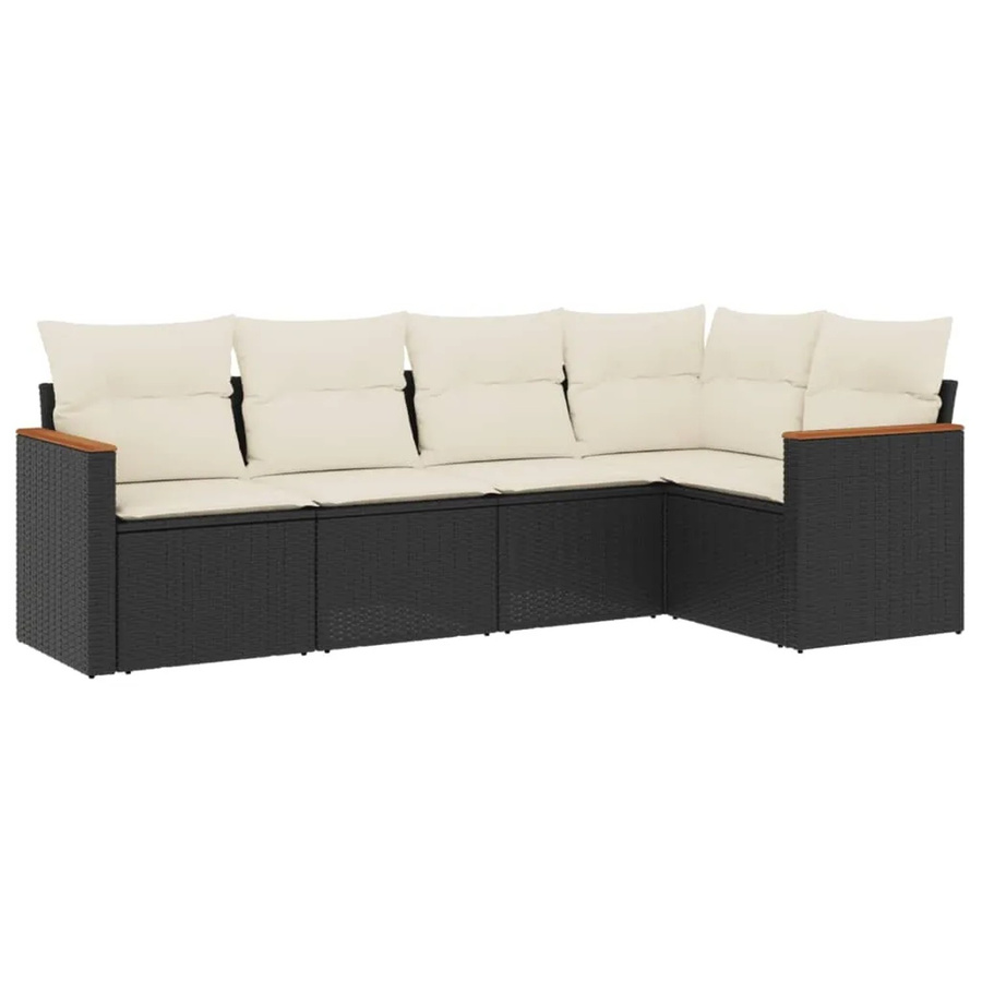 vidaXL 5-tlg Garten-Sofagarnitur in L-Form aus Polyrattan und Akazienholz in Schwarz mit Kissen und Stauraum - Bild 2