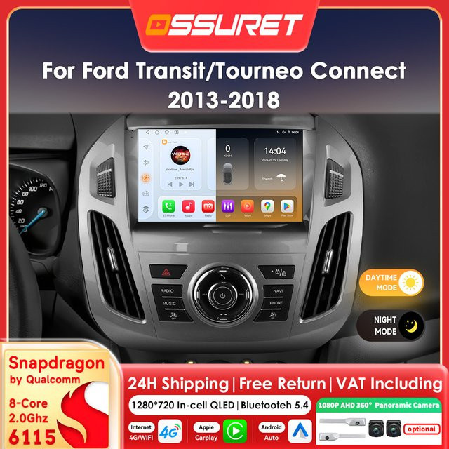 OSSURET Android 14 Autoradio mit 8-Core Prozessor und 9 Zoll Bildschirm für FORD Transit Tourneo Connect 2013 - 2018, inklusive 360 Kamera, Schwarz - Bild 1