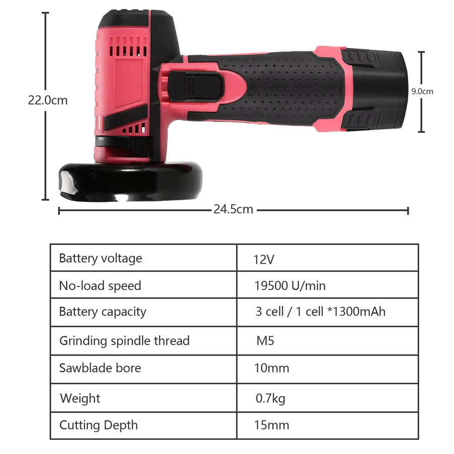 Betuyoo Mini-Winkelschleifer 12 V in Rosa mit 2 Akkus, 19500 U/min und 3-Zoll-Scheiben zum Polieren und Schneiden - Bild 5