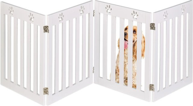 Relaxdays Hundeabsperrgitter Pfoten in Weiß, freistehend und zusammenklappbar aus MDF und EVA-Schaumstoff, B: 60 cm, H: 204 cm, T: 2 cm - Bild 1