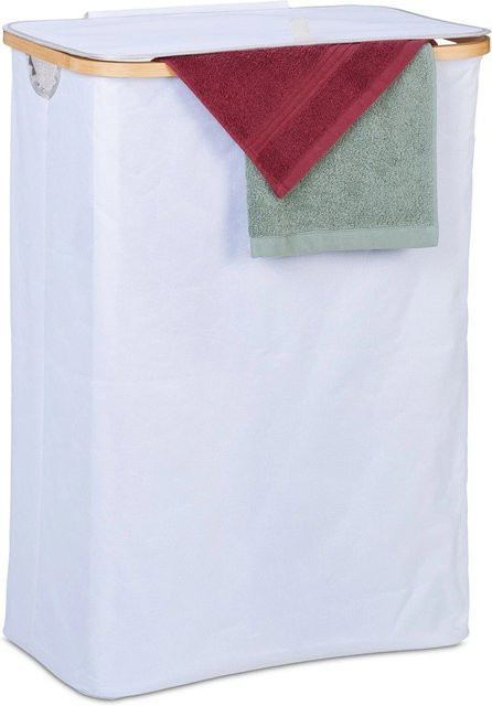 Relaxdays Wäschekorb aus Bambus und Polyester mit Deckel, faltbar, Weiß/Natur, B: 75 cm, T: 54 cm, H: 34 cm - Bild 1