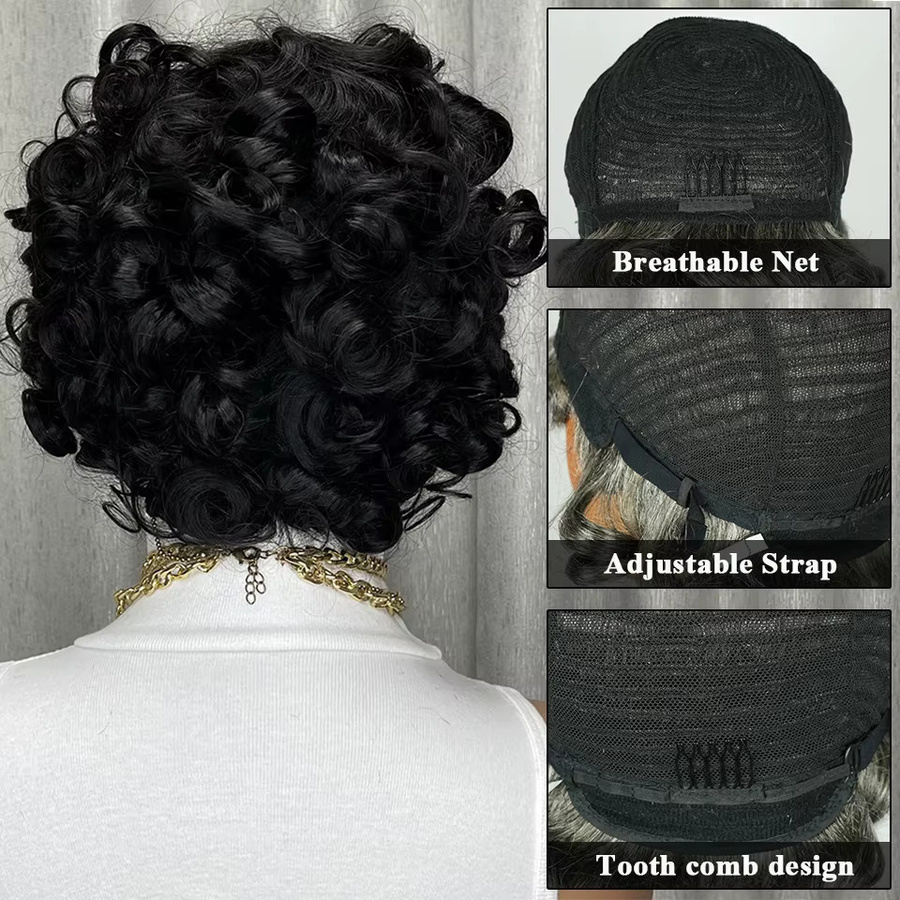 OYM HAIR Echthaar Perücke für Damen, kurz, lockig, Bob-Pixie-Schnitt mit Pony - Bild 3