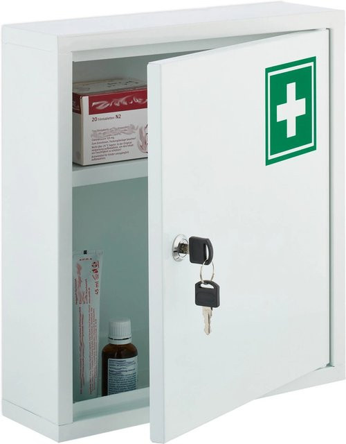 Relaxdays Medizinschrank aus Stahl in Weiß und Grün, abschließbar mit 2 Fächern, Wandmontage, B: 36 cm, T: 31,5 cm, H: 10 cm - Bild 1