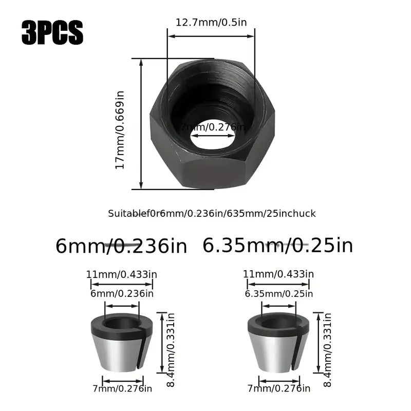 3/5-teiliges Fräser-Set für die Holzbearbeitung mit umwandelbaren Spannzangenfutter-Adaptern in Silber, inklusive Schaft-Adapter 6 mm, 6,35 mm und 8 mm mit Mutter - Bild 2