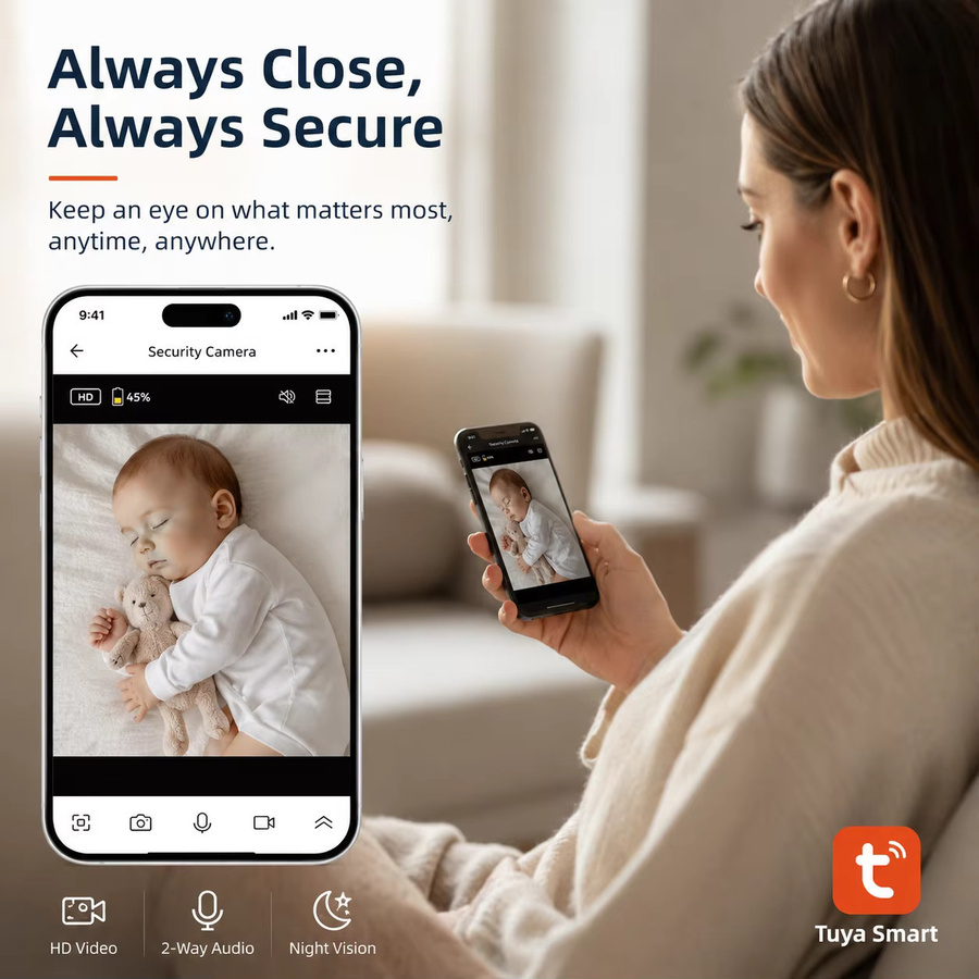 Aurovue HD-Video-Babyphone-Set mit 5-Zoll-Bildschirm, Tuya Smart App Steuerung, Zwei-Wege-Audio, Infrarot-Nachtsicht und Temperaturüberwachung, Weiß - Bild 3
