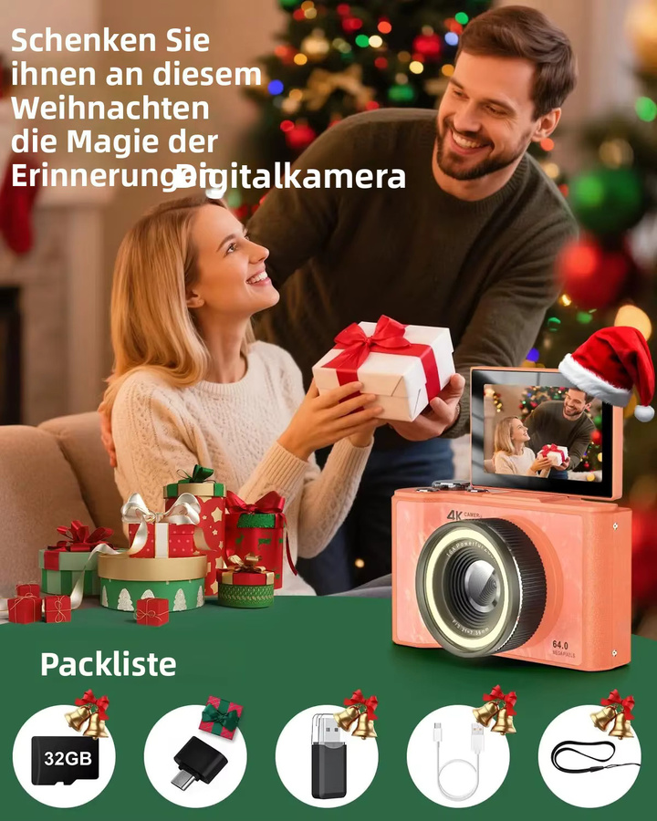 W&O 4K Vlogging-Kamera mit 180 Grad Klappbildschirm, Ringlicht und Beauty-Modus in Schwarz inklusive 32G SD-Karte - Bild 2