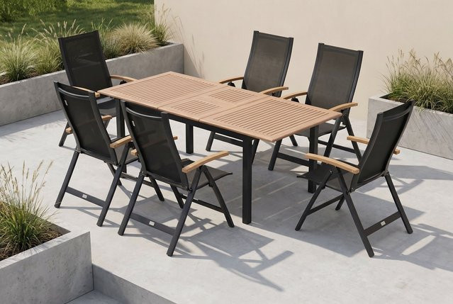 OUTFLEXX Garten-Essgruppe aus Aluminium, Teakholz und Textilene in Anthrazit Matt mit ausziehbarem Tisch und 6 Klappstühlen - Bild 1