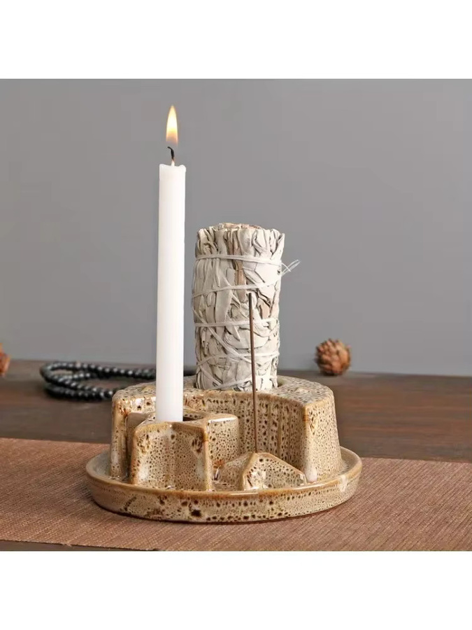 MINIDEAL Keramik-Kerzenhalter 4-in-1 mit Sternen- und Mond-Design in Beige für Salbei und Palo Santo - Bild 2