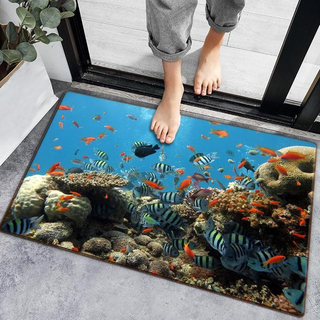 ZZ HOME 3D-Badezimmerteppich mit Unterwasserfisch-Motiv in Blau, schnell saugfähig und rutschfest, B/B: 60 x 90 cm - Bild 1
