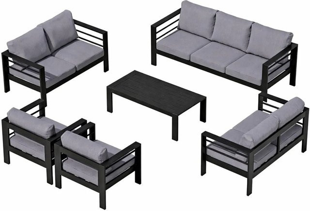 MeXo Gartenmöbel Set aus Aluminium und WPC mit Polyester Polstern für 9 Personen in Schwarz und Grau - Bild 1