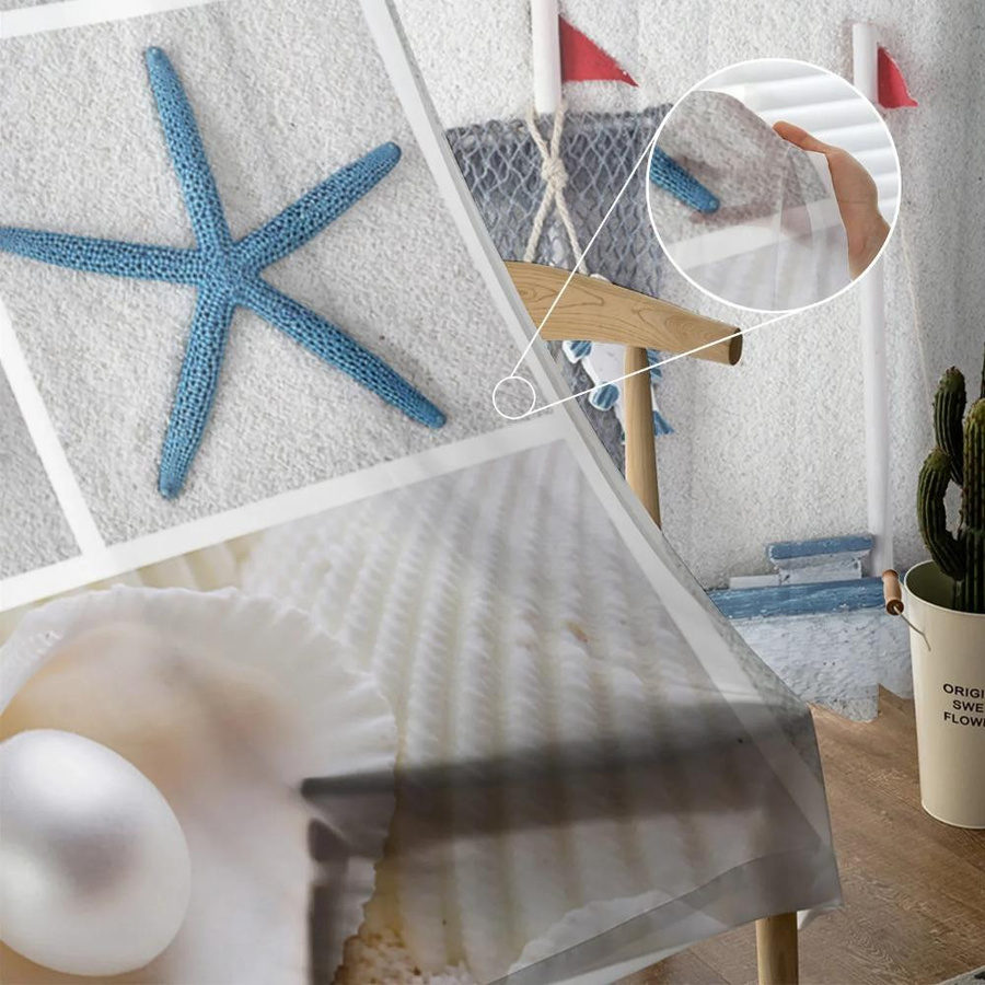 Yiran Furniture Transparente Tüll Vorhänge mit Mittelmeer Leuchtturm und Seestern Design, Chiffon Voile Fensterdekoration, B: 135 cm, H: 115 cm - Bild 1