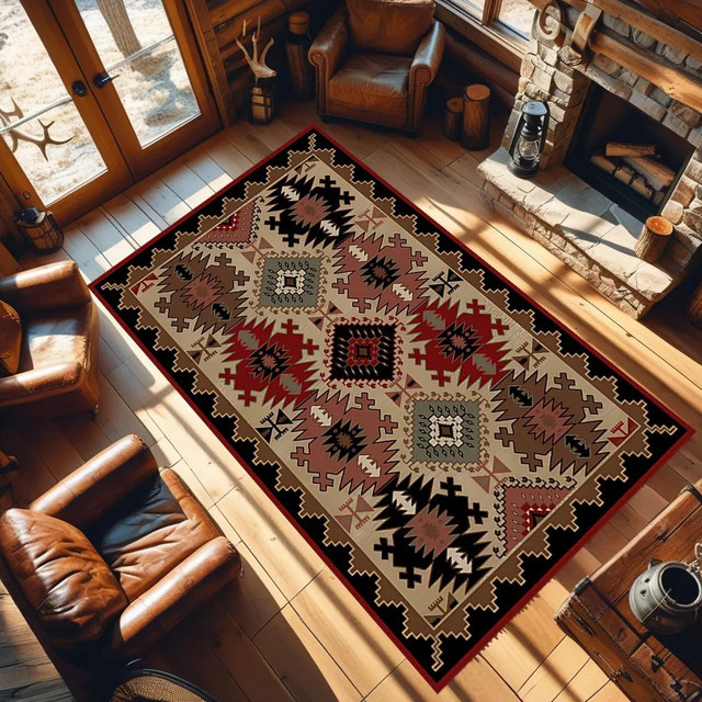 Rutschfester Teppich im aztekischen Design mit geometrischem Muster für Wohnzimmer und Schlafzimmer, mehrfarbig, rechteckig - Bild 1
