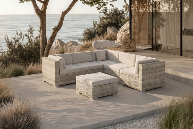 OUTFLEXX Gartenlounge 6-teilig in Beige, modulare L-Form mit Kissenboxfunktion und Ottoman, wetterfestes Polyrattan und Aluminiumgestell - Bild 1