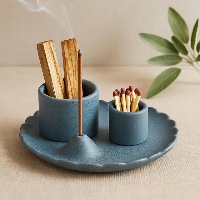 SHAMTAM Räucherstäbchenhalter Lotus aus Keramik in Blau mit Sprenkel-Design - Bild 1