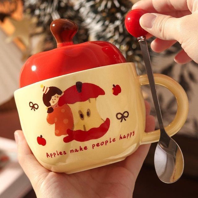 Yiran toy 1 Keramiktasse mit Deckel im Cartoon Apfel Mädchen Design, Mehrfarbig, 450 ml - Bild 1