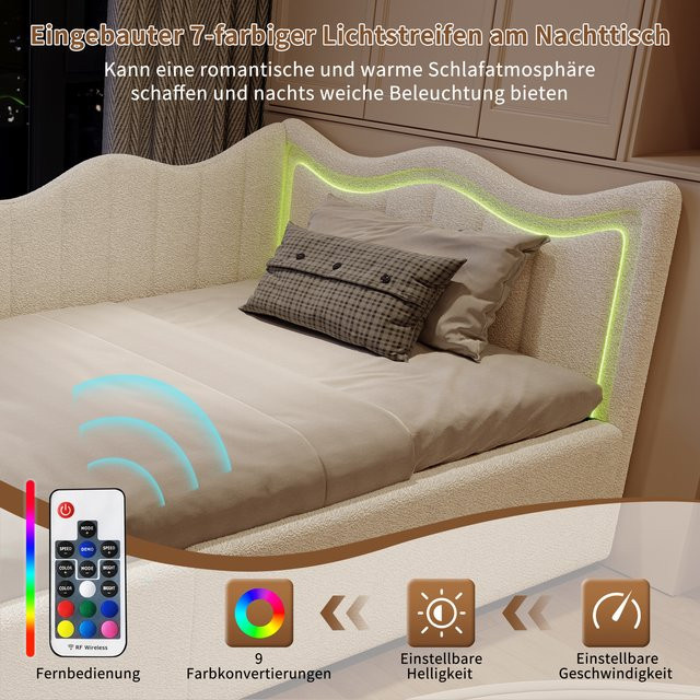 Comanlai Polsterbett aus Samt mit LED-Wellenkopfteil und hydraulischem Stauraum für Kinderzimmer, Farbe: Weiß, B/T/H: 90 x 200 cm - Bild 1
