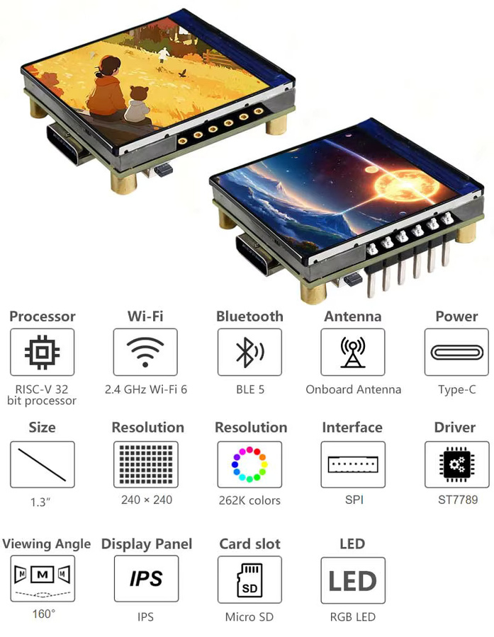 Spotpear ESP32 C6 Entwicklungsboard mit 1,3 Zoll LCD Display ST7789 240x240 Pixel RISC-V WIFI und Bluetooth für Arduino - Bild 2