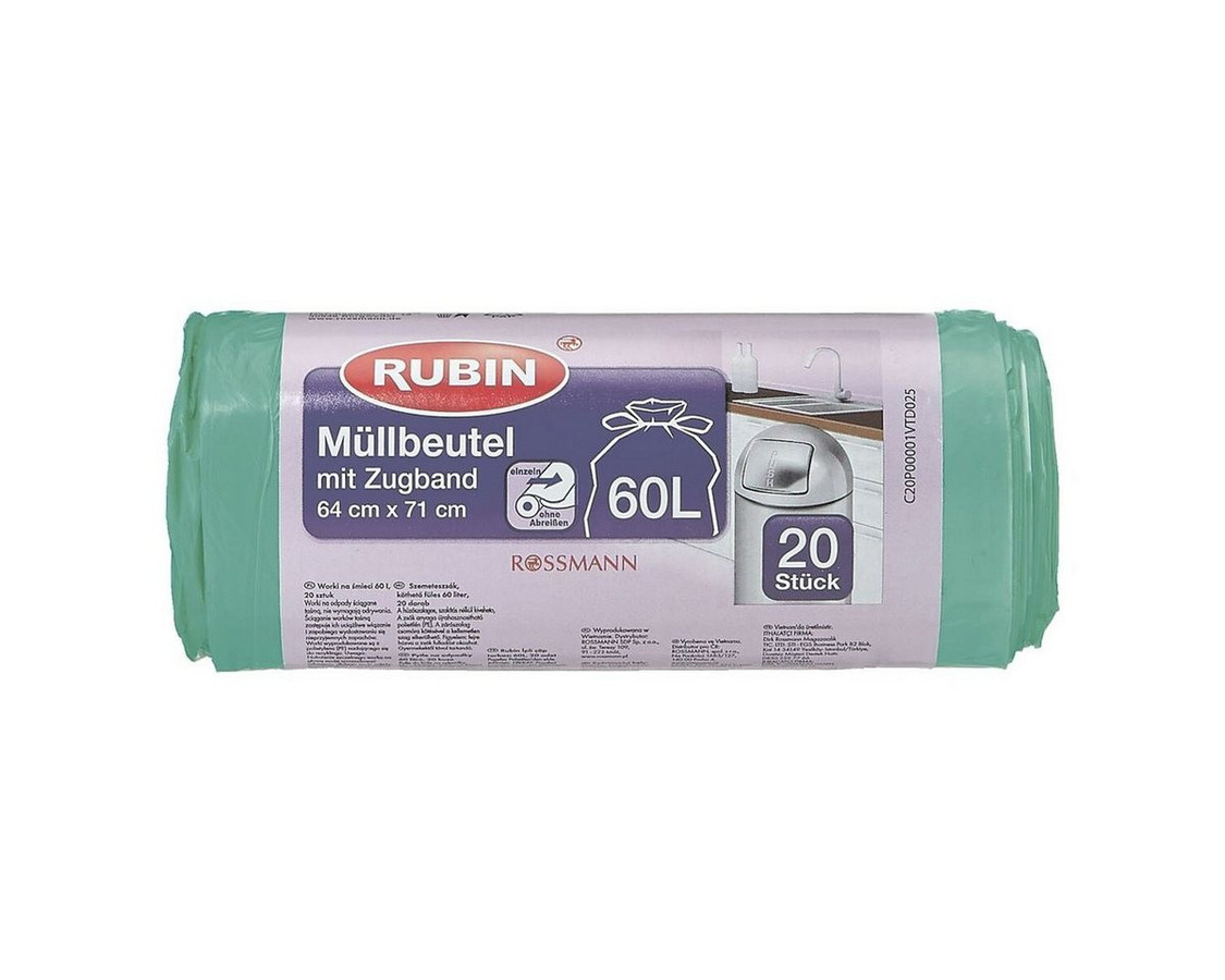 RUBIN Müllbeutel mit Zugband, 60 Liter, grün, 20 Stück pro Rolle, reißfest und recycelbar - Bild 1
