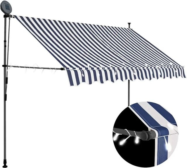 vidaXL Einziehbare Markise Handbetrieben mit LED, Blau und Weiß, Breite: 250 cm, Ausladung: 120 cm - Bild 1