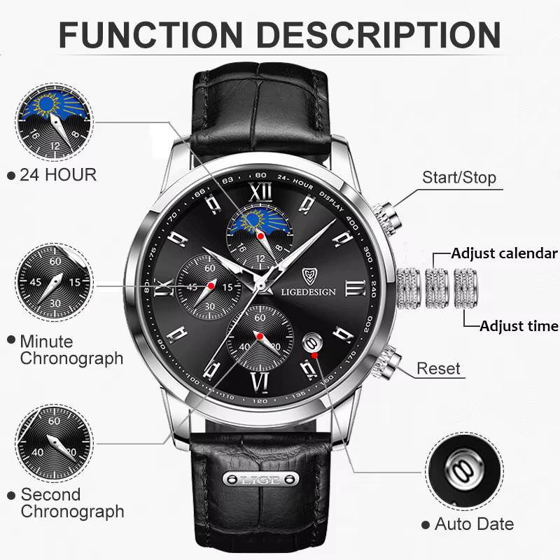 LIGE Armbanduhr, Leder, Mondphase, Quarz, Schwarz, Herren - Bild 3