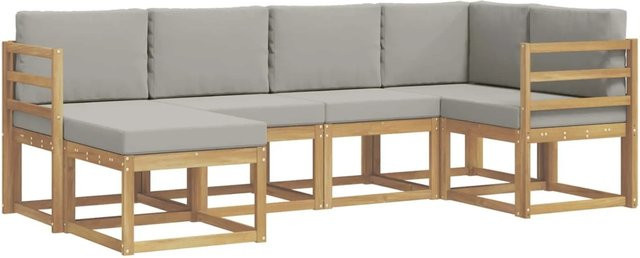vidaXL Outdoor-Sofagarnitur 6-teilig aus Akazienholz in Weiß-Hellgrau mit Kissen und L-Form - Bild 1