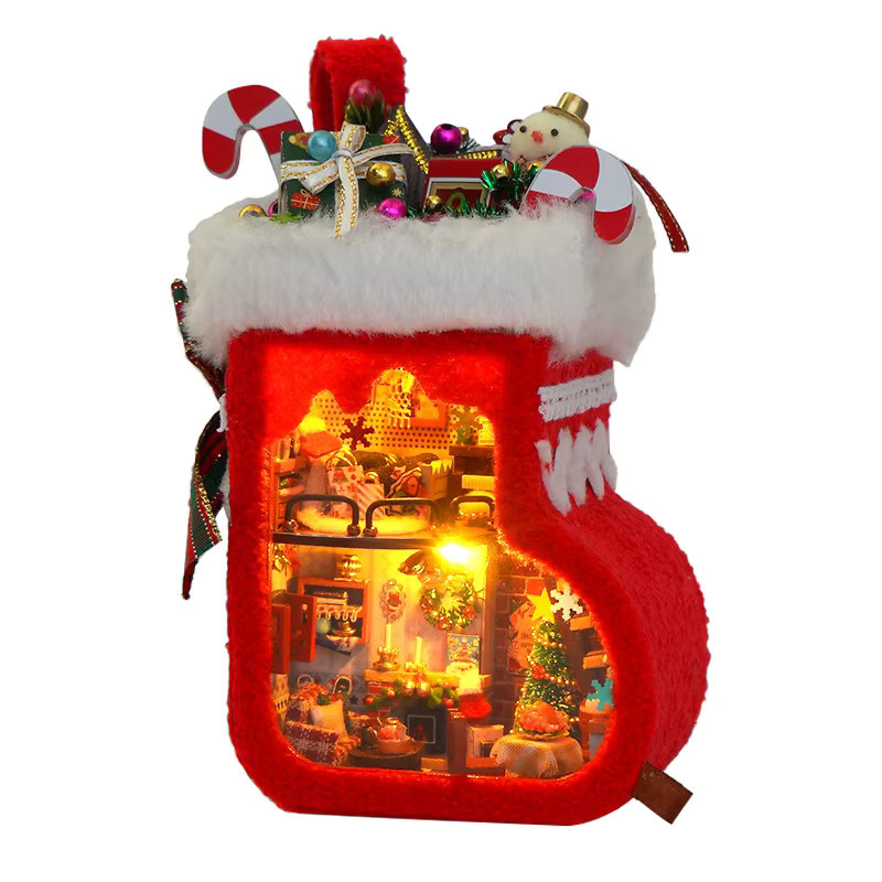ELEVEN-CUTE DIY Holz Weihnachtsstrumpf, Miniatur Modellbausatz, mit LED-Leuchten - Bild 4