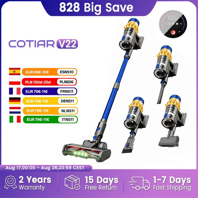 COTIAR V22 Akku-Handstaubsauger mit 650W und 55000PA Saugleistung, Blau, mit herausnehmbarem Akku - Bild 1