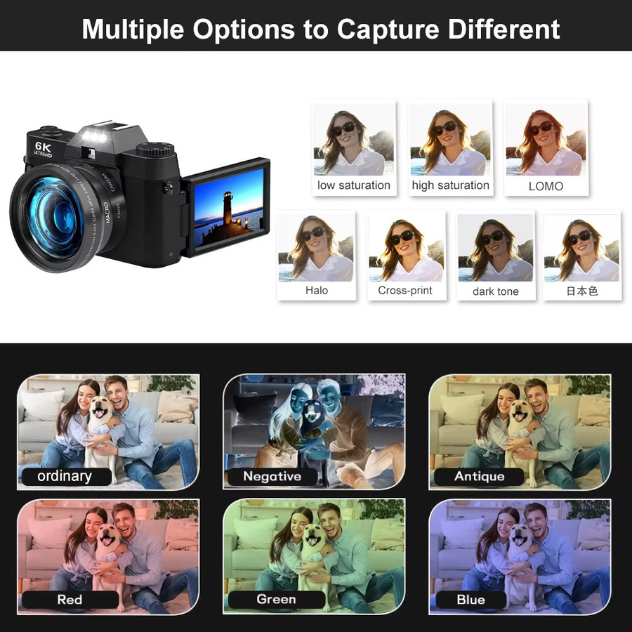 Ourlife 6K Kompakte Digitalkamera mit 64MP, 16X Digitalzoom, 3 Zoll 180° Flip-Screen und WLAN in Schwarz - Bild 2