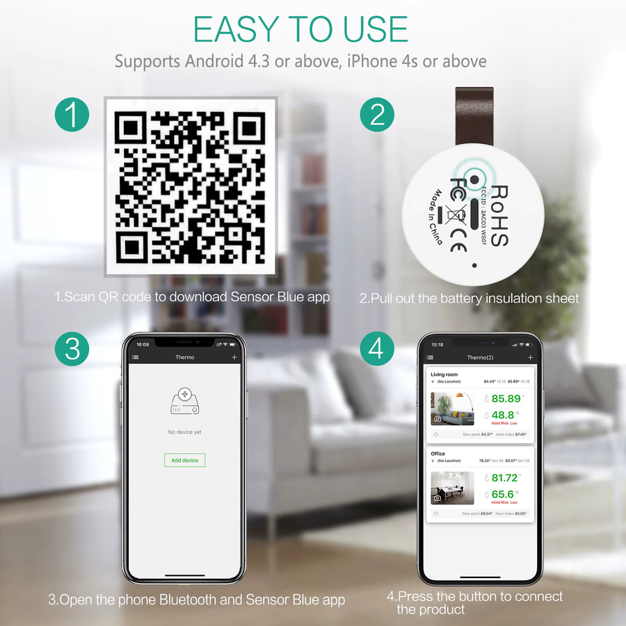 ORIA Drahtloses Bluetooth Thermometer-Hygrometer Set mit App-Steuerung, Weiß - Bild 3