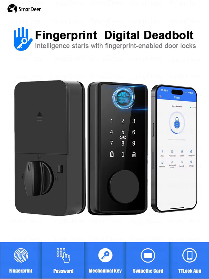 SmarDeer Elektronisches Smart Lock mit TTLock App-Steuerung, Fingerabdruck und Fernbedienung, Digitaler Riegel in Schwarz - Bild 7