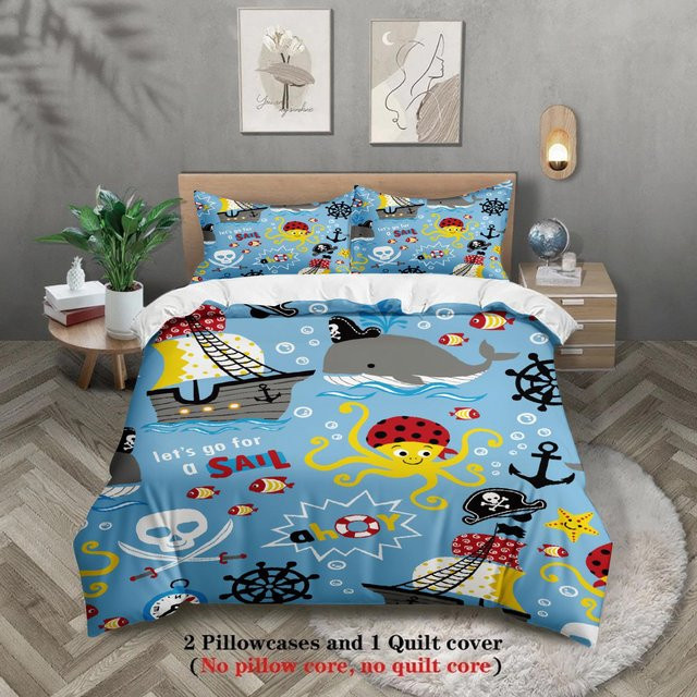 3-teiliges Piratenschiff Bettwäsche-Set für Kinder mit 3D-Druck Meeresabenteuer in Blau, B/H: 135 x 200 cm - Bild 1
